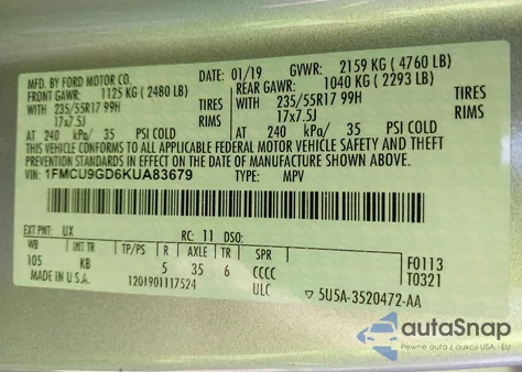 2019 Ford Escape Se z USA, uszkodzony, nr VIN 1FMCU9GD6KUA83679